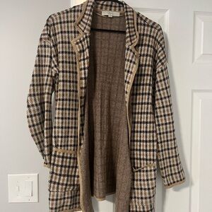 LOFT Plaid Knit Open-Front Coatigan in Brown, Cream & Black